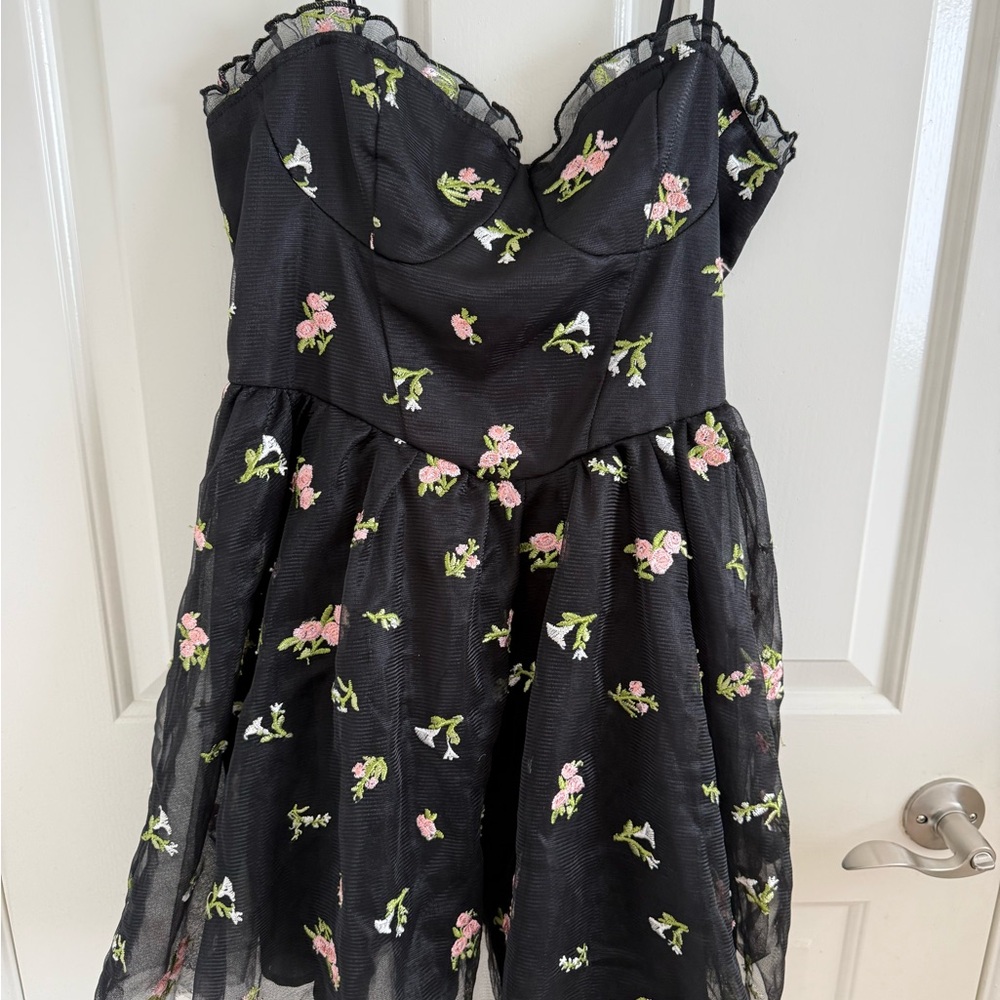 Floral Embroidered Black Kids Dress